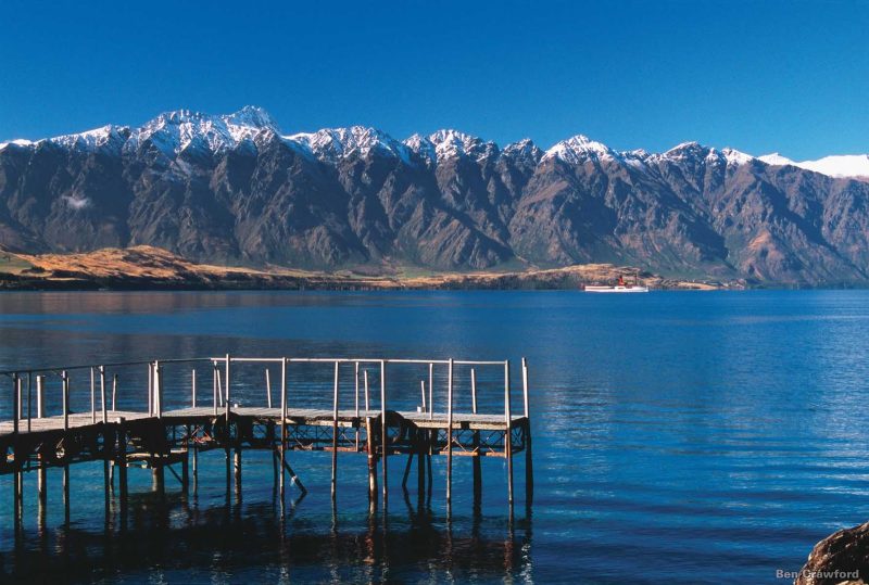 The second largest of New Zealand's southern glacial lakes, Lake Wakatipu is nearly 50 miles long and bordered on all sides by glaciated mountains. The highest peak is Mount Earnslaw at 9,249 feet.