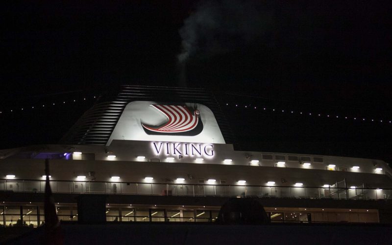 The Viking Star logo is illuminated at night on Viking Star.