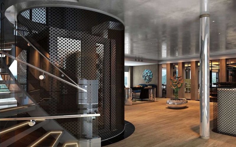 The atrium of Scenic Spirit. The luxury river ship sails itineraries on the Mekong River.