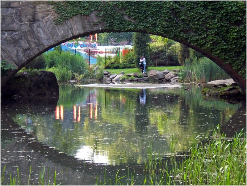 Reflection beneath Central Park bridge in New York.