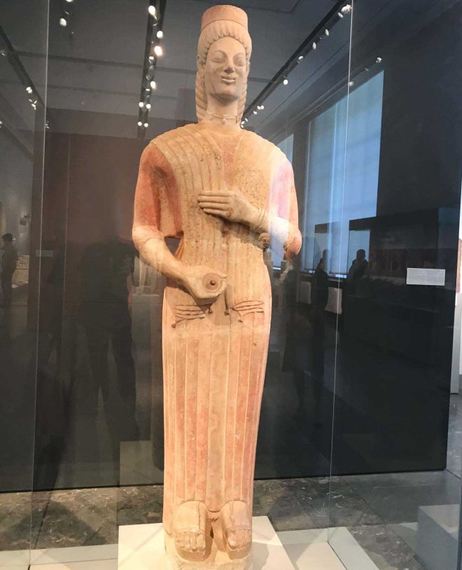 This marble statue, dubbed the Berlin Goddess, dates to 560-580 B.C. and actually depicts a woman from a wealthy family appearing as the bride of the god of the underworld, Hades. At the Altes Museum in Berlin.