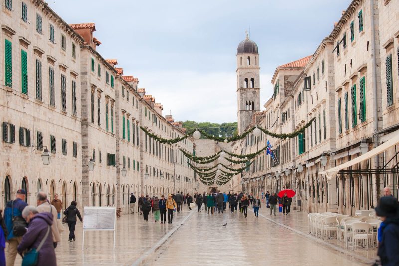 The main thoroughfare of Old Dubrovnik is festooned for the holidays.