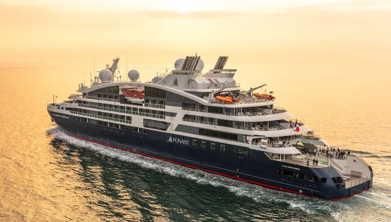 An aerial of the 184-passenger Le Dumont d'Urville during a cruise to the tropics.