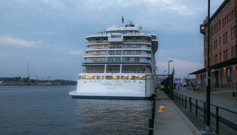 Viking Sun at dockside as morning breaks in Stockholm.