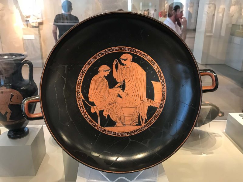 This ancient bowl depicts women carding wool in Italy, circa 470-480 B.B. It’s at the Altes Museum in Berlin.