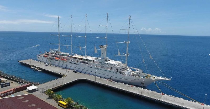 Drone image of Wind Surf docked in Dominica.