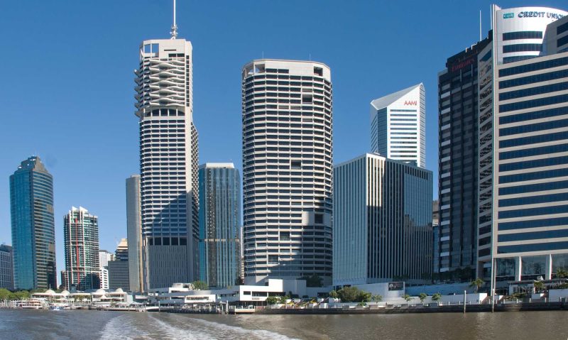 Business district lining the waterfront of Brisbane, Queensland, Australia.