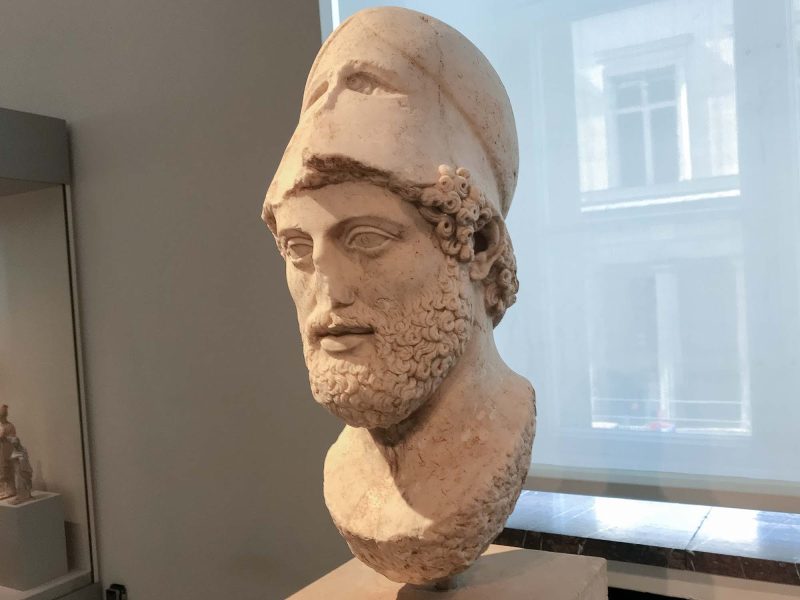 Portrait Bust of Pericles wearing Corinthian helmet, from the island of Lesbos, dates to 430 B.C. at the Altes Museum in Berlin.