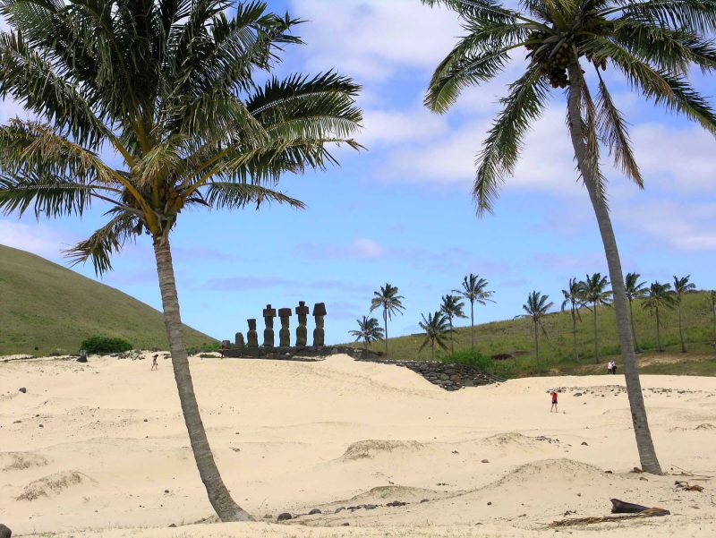 The moai statues near the coastline of Easter Island.