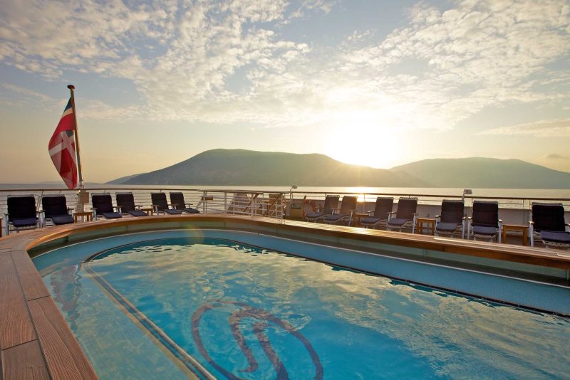 The Pool Deck on SeaDream I at sunset.