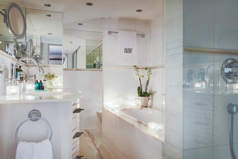 The elegantly appointed bathroom of the Royal Suite aboard Uniworld's S.S. Maria Theresa. 