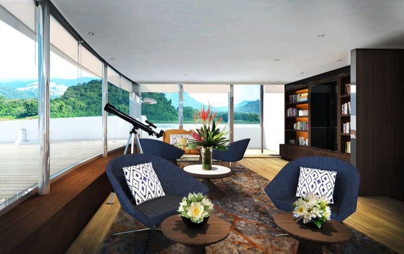 The observation deck on Scenic Spirit. The new luxury river ship sails on voyages along the Mekong River between Cambodia and Vietnam.