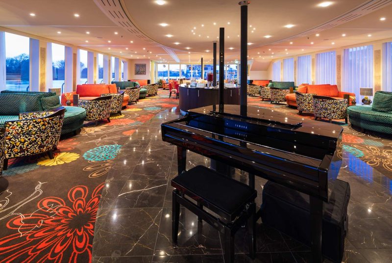 The colorful lounge on the upscale river ship AmaKristina.