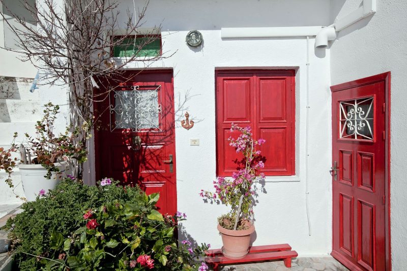 Doorways of local residents in Oia on Santorini, Greece.