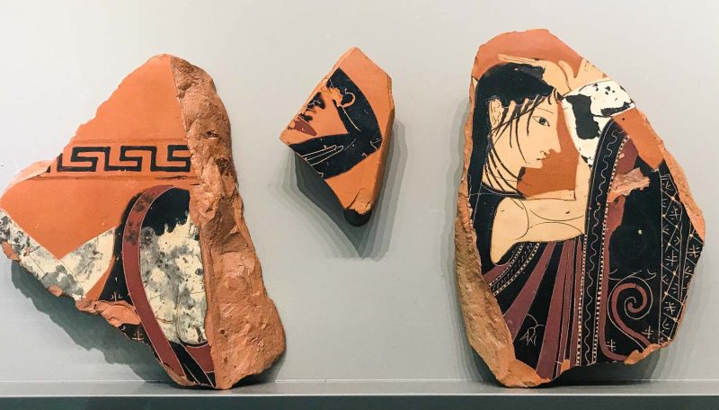 Clay tablets from a tomb in Athens by Exekias, the most famous vase painter of the era, dating to 540 B.C. at the Altes Museum in Berlin.
