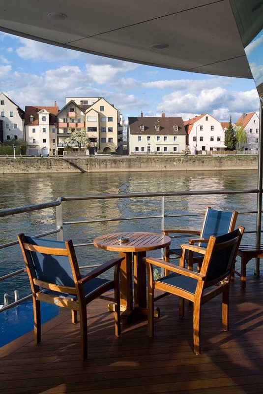 AmaLegro's Panoramic Lounge Patio is the ideal place to settle back and enjoy the expansive scenery of France's waterside villages and landscapes along the Seine.