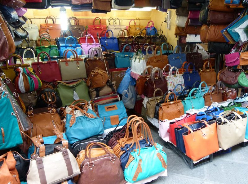  Handbags and leather goods for sale at San Lorenzo Market in Florence.