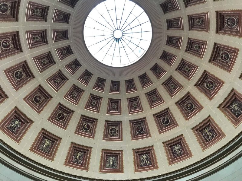 Closeup of the cupola in the rotunda of the Altes Museum in Berlin, which displays ancient Greek and Etruscan artworks.