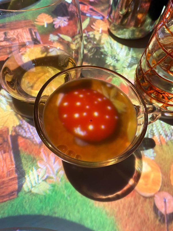 A projected mushroom dances in a cappuccino drink during dinner at Le Petit Chef on Celebrity Equinox.