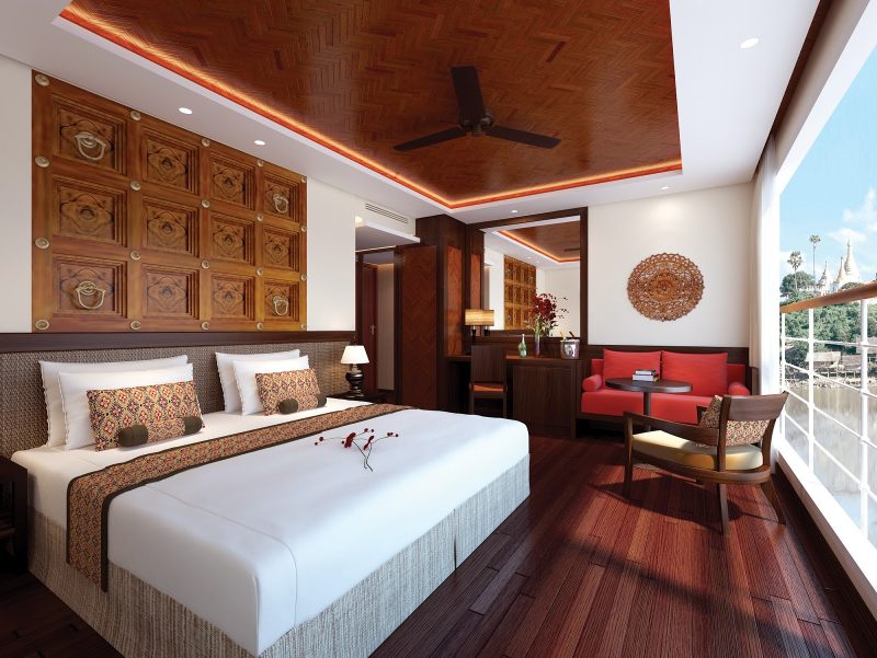 The panoramic windows in Avalon Myanmar's suites and staterooms open to transform the living space into a large open-air balcony.