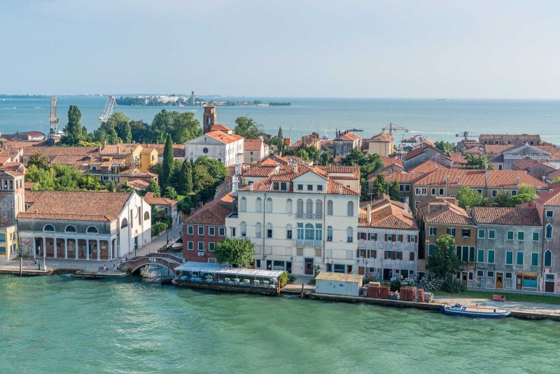Buildings along one of the more scenic stretches of waterfront in Venice, Italy. 