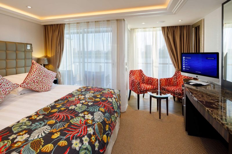 A twin balcony stateroom on the 158-passenger AmaKristina from AmaWaterways. 