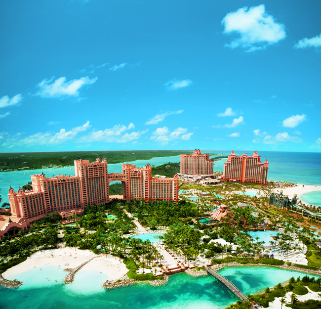 The high-rise Atlantis Paradise Island, about 2 miles from downtown Nassau, offers a sprawling water park, 35 restaurants and bars, 3 private beaches, a golf course, casino and more.
