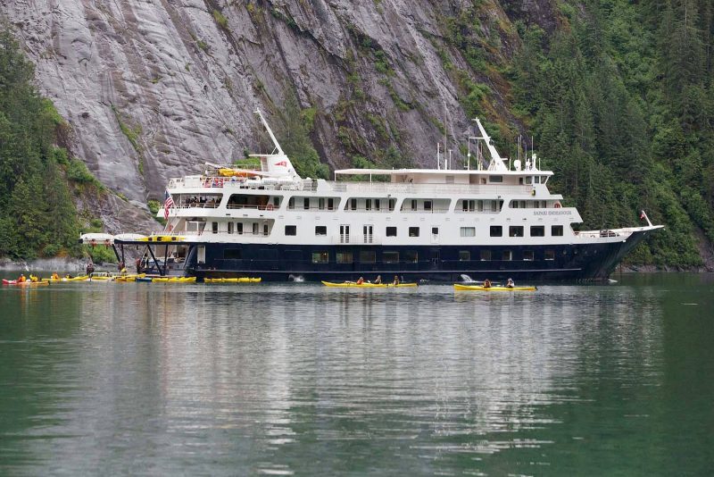 Kayakers depart from the Safari Endeavour on an excursion.