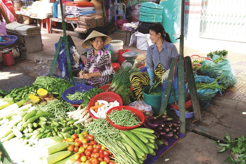 A local outdoor market in Sa Đéc in the Mekong Delta of Vietnam.