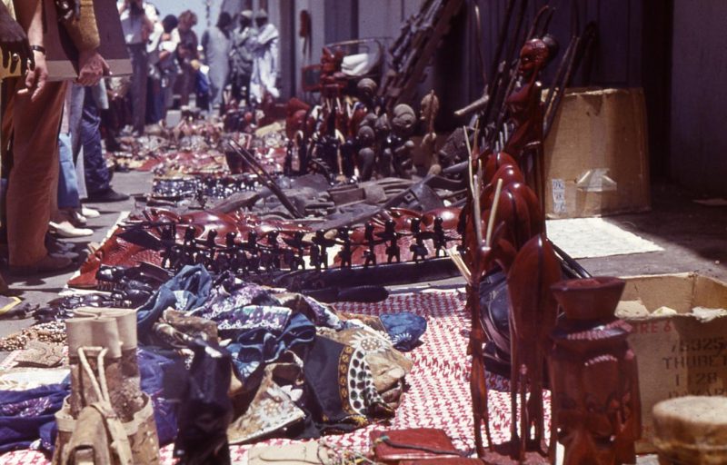 Goods and keepsakes sold at a street market in Dakar, Senegal.