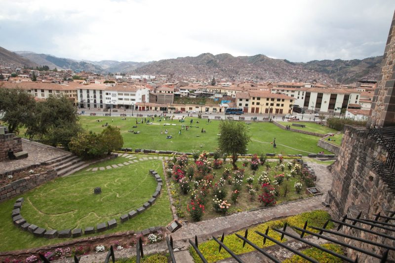 View of the gardens from inside the Koricancha complex in Cusco, Peru.