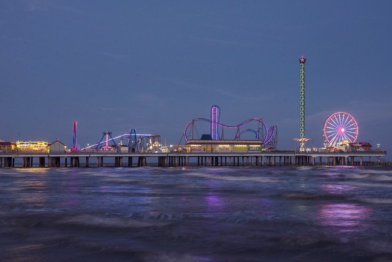 The Galveston amusement park at nightfall.