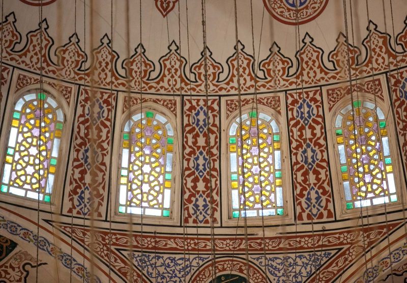 Stained glass windows inside one of the semi-domes in the Blue Mosque, or Sultan Ahmed Mosque.