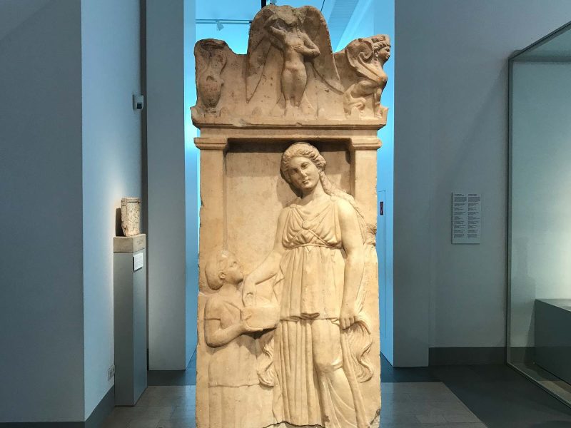 Funerary Stele of the Girl Silenis, Greek marble work, dates to 350 B.C. at the Altes Museum in Berlin.
