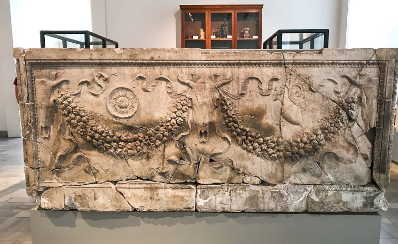 This marble Roman garland sarcophagus dates to 40 A.D. at the Altes Museum in Berlin.