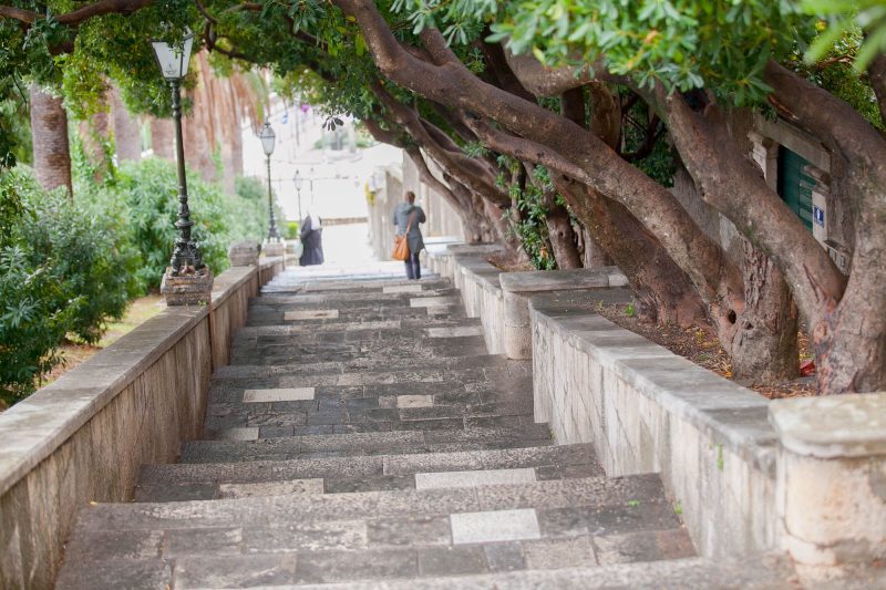 A tranquil stone walkway just outside the main entrance to Old Dubrovnik.