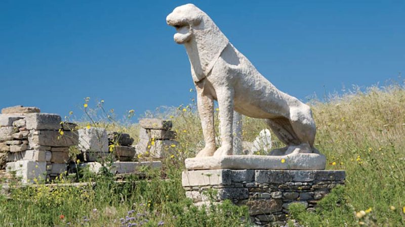 Greco-Roman antiquities line the Sacred Way on the island of Delos, Greece.