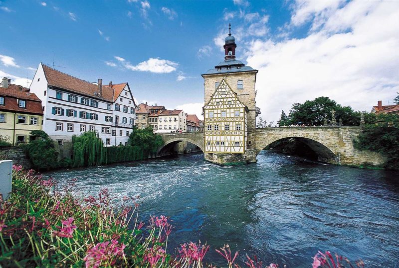 Old City Hall in Bamberg, Germany, is located on the river Regnitz near its confluence with the River Main.