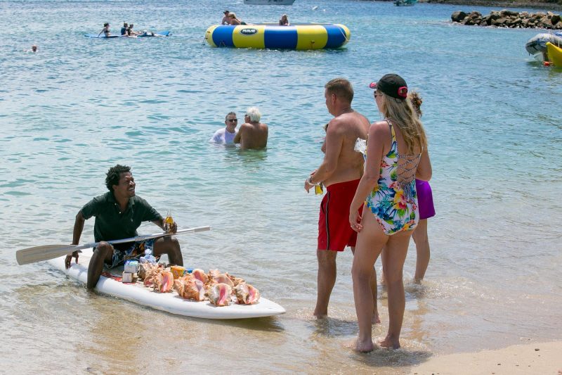 Colorful conches for sale on Pigeon Island, St. Lucia, in the Caribbean.