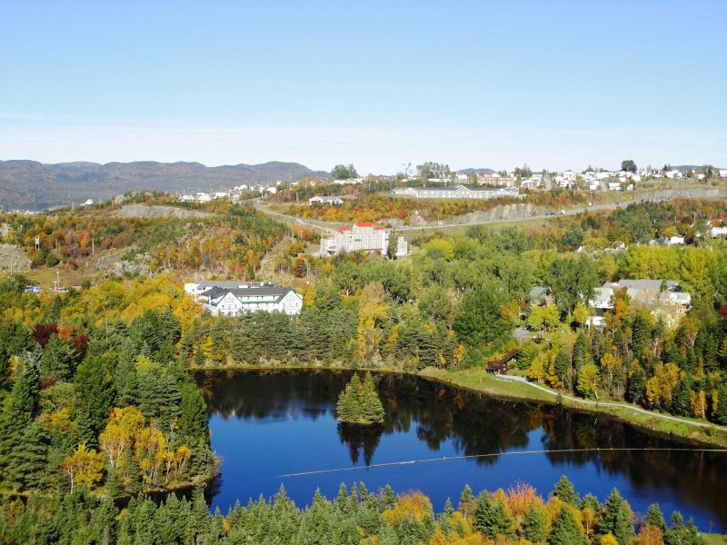 Aerial of Glynmill Inn Pond in Corner Brook, Newfoundland.