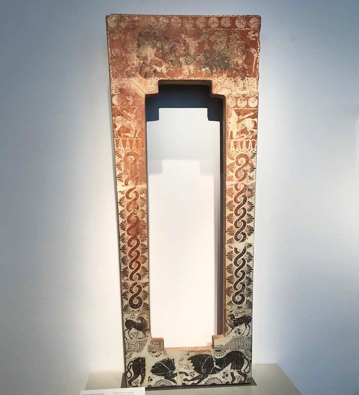 A tub-shaped clay sarcophagus from Klazomenai in Asia Minor (present-day Turkey), decorated with images of fighting animals and battle scenes, circa 480-500 B.C. in the Altes Museum of Berlin.