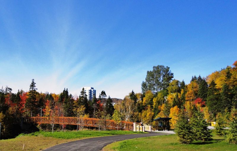 The entrance to the Corner Brook Stream Trail at Margaret Bowater Park in Newfoundland, Canada.