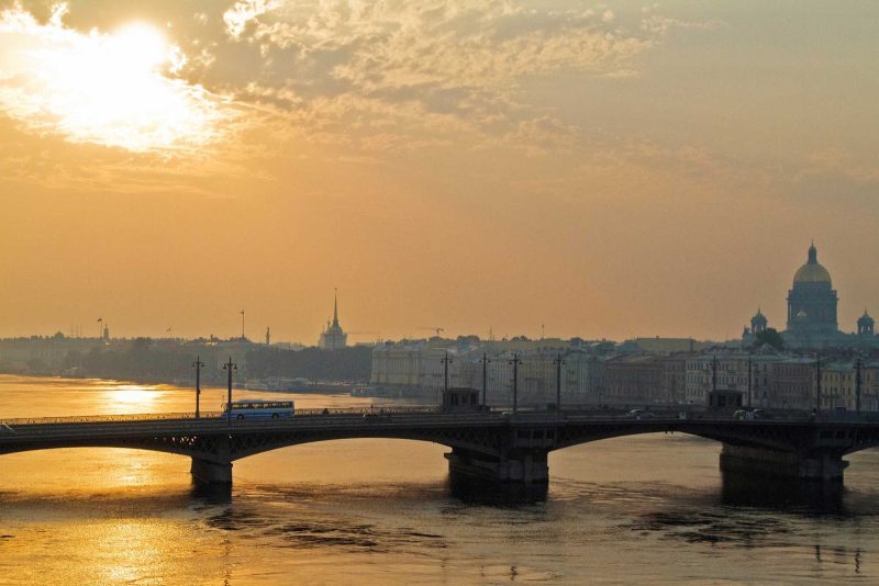 The Neva River in St. Petersburg, Russia, at daybreak.