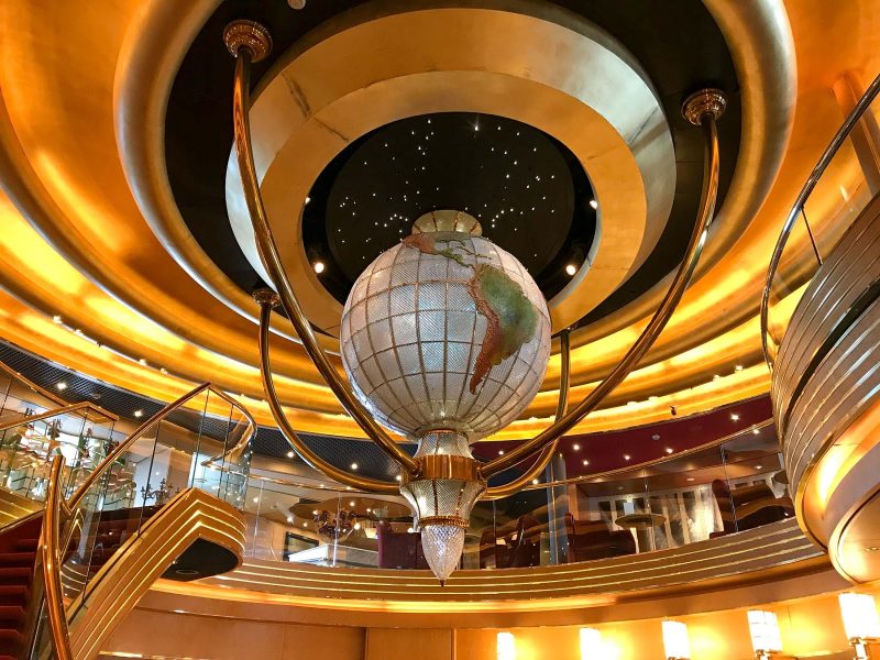 A Waterford crystal globe atop the three-deck atrium on ms Oosterdam.