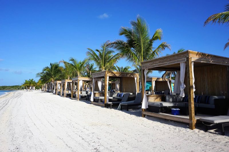 Bungalows along the beach at CocoCay, the Royal Caribbean private island in the Bahamas.