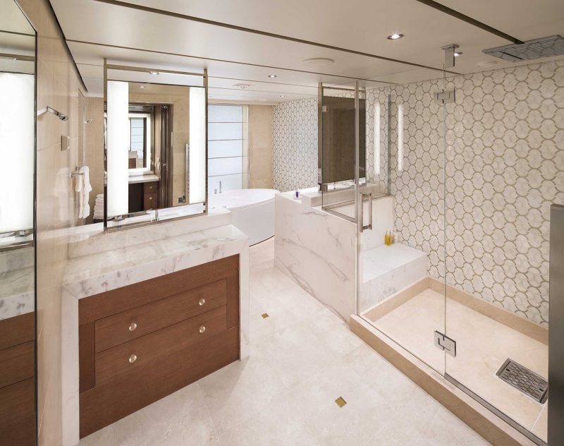 A look at the well-appointed bathroom in a Pinnacle Suite aboard Holland America's Koningsdam.