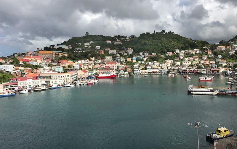 The colorful horseshoe-shaped harbor at St. George's, capital of Grenada.