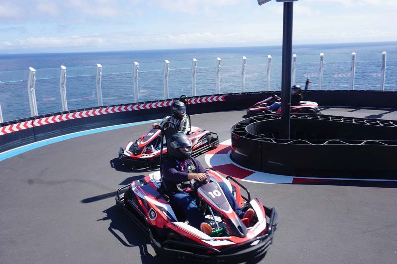 Go-karts can zoom around the two-story racetrack at speeds up to 30 mph. (Click to enlarge.)
