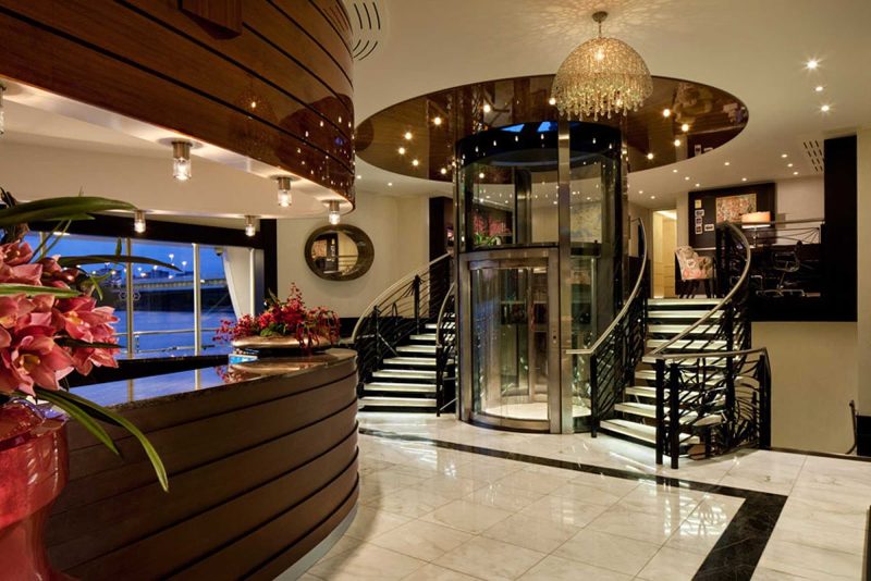 The reception area of AmaCerto, which sails the Danube and Rhine rivers with occasional trips to the Black Sea.  