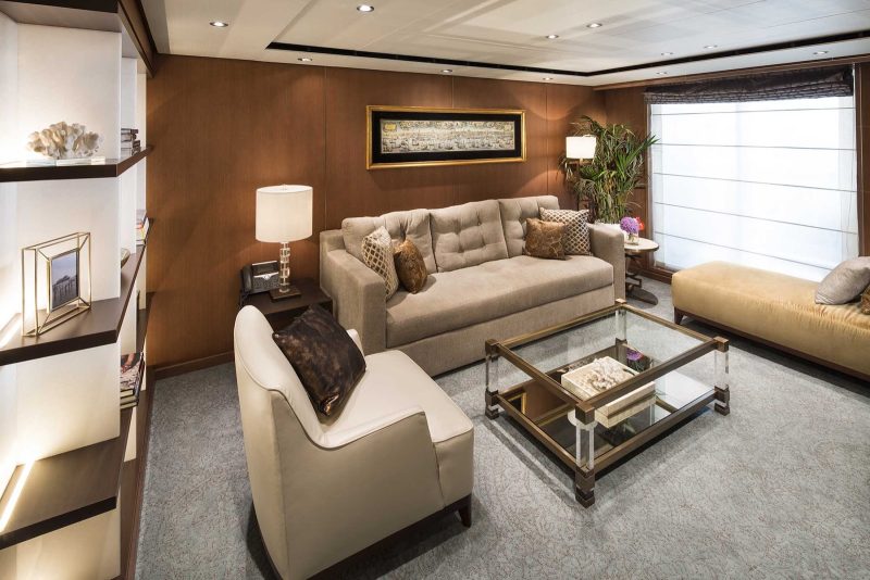 The spacious living room of a Pinnacle Suite on Holland America's Koningsdam. 
